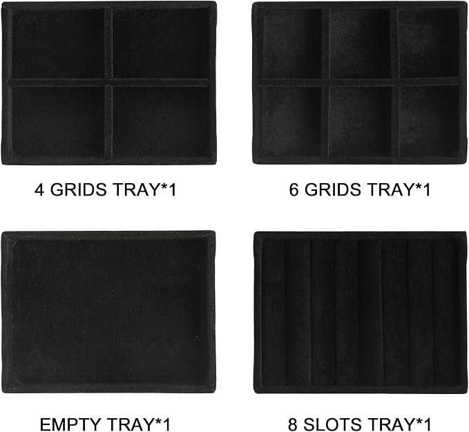 Frebeauty Small Jewelry Tray Set,Stackable Velvet Jewelry Organizer Tray,Mini Jewelry Drawer Organizer,Drawer Inserts,4.92 x 3.74 x 0.9 Inches,Earring Organizer for Women(Set 4,Black) - Image 2