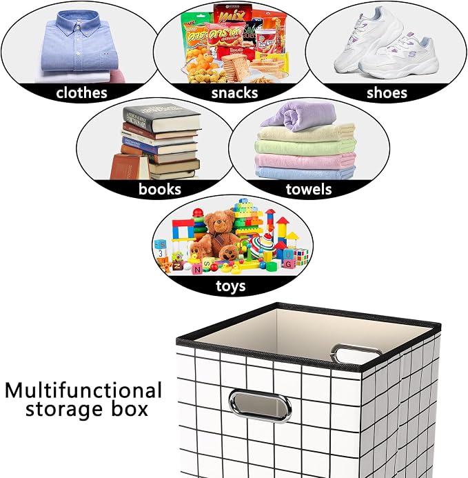 Yunkeeeper storage bins Cubes, Fabric Cube Organizer with Handle, Foldable Cube Bins for Cloth or Accessary Storage, 11x11x11, Set of 6, (White grid) - Image 3