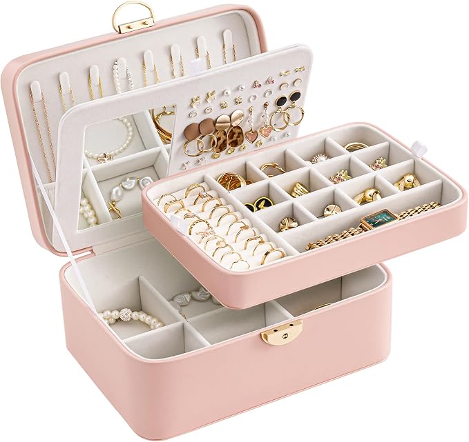 Lolalet 2 Layer Jewelry Box with Lock and Key for Teen Girls & Young Women, Jewelry Organizer Case with Round Clasp and Mirror for Earrings Rings Necklaces Storage, Gift Idea -Lightpink - Image 4
