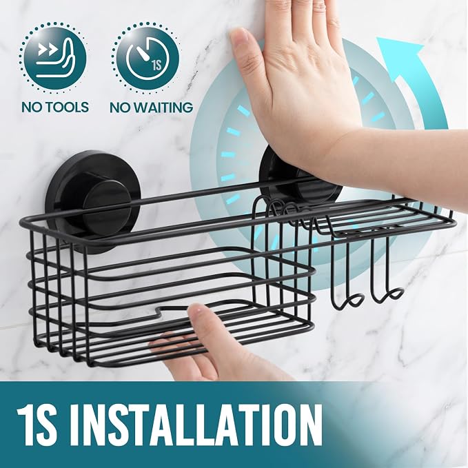 TAILI Shower Caddy Suction Cup, 3 Pack Shelves for Inside with Hooks & Soap Holder Toothbrush Cups, Removable Bathroom Organizer, Rustproof Black Shelves - Image 2