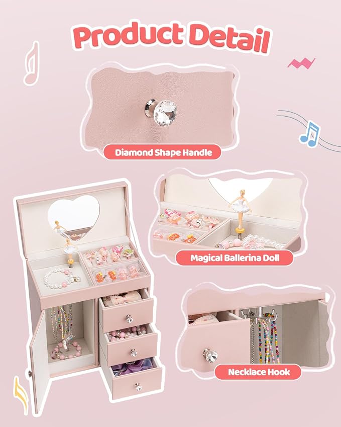 VLANDO Musical Jewelry Box for Girls, Large Kid Music Box with Ballerina for Birthday Bedroom Decor, 4 Layer Girl Jewelry Gifts for Girls Kids - Pink - Image 4
