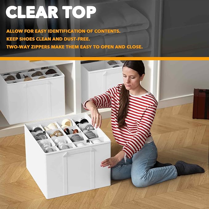 SpaceAid Shoe Organizer for Closet, 2 Pack Foldable Shoe Storage Containers Baskets Boxes Bins w/Adjustable Dividers, Fits 16-32 Pairs, White - Image 4