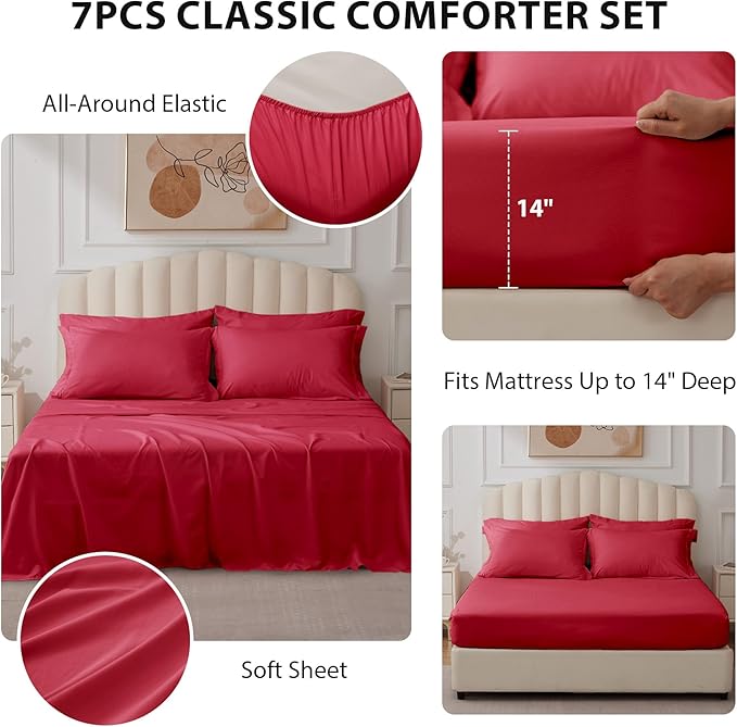 Full Comforter Set Red - Bed in a Bag Full Size 7 Pieces, Soft Bedding Set for All Seasons, Premium Comforter Set with Comforter, Sheets, Pillowcases & Shams