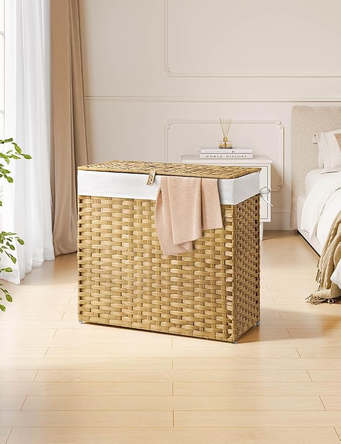 Greenstell Laundry Hamper with Lid, 125L Laundry Basket with 2 Removable Liner Bags & 2 Mesh Bags, Handwoven Synthetic Rattan Clothes Hamper for Clothes, Toys in Bathroom, Bedroom, Foldable, Natural - Image 2