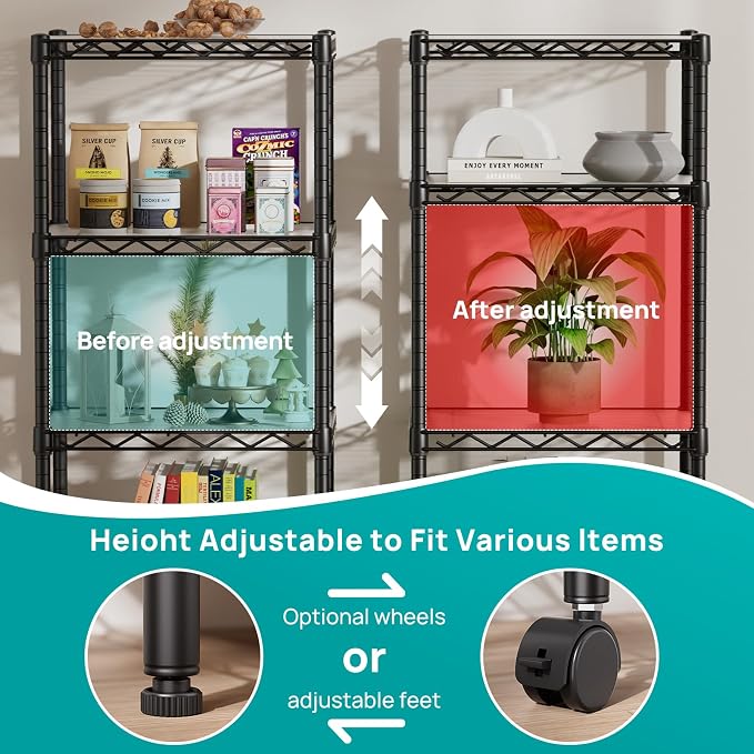 SINGAYE 4 Small Shelves Storage Shelf Wire Shelving Unit Metal Shelf Adjustable Organizers Storage Shelving with Wheels for Bathroom Laundry Room Kitchen Pantry11.5”D x 17.3”W x 44.5”H Black - Image 5
