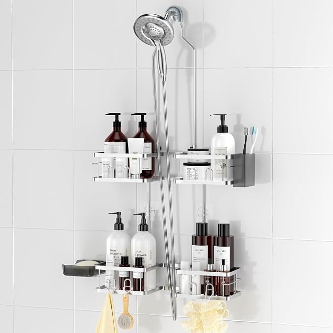 REINHARDT Adjustable Shower Caddy Hanging Rustproof Shower Caddy for Handheld Showerheads, Shower Organizer with Hooks Soap Holder, Anti-Swing Shower Rack Bathroom Accessories, Silver by REINHARDT