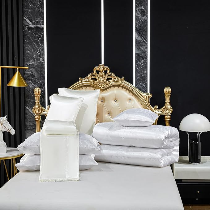 Jacquard Comforter Set White Sheet Set Satin Bedding Set Queen 8 Pcs Vintage Neoclassical Floral Bed Home Decor Soft Comforter Luxury Hotel Silky Bed in a Bag with 1 Cushion Cover