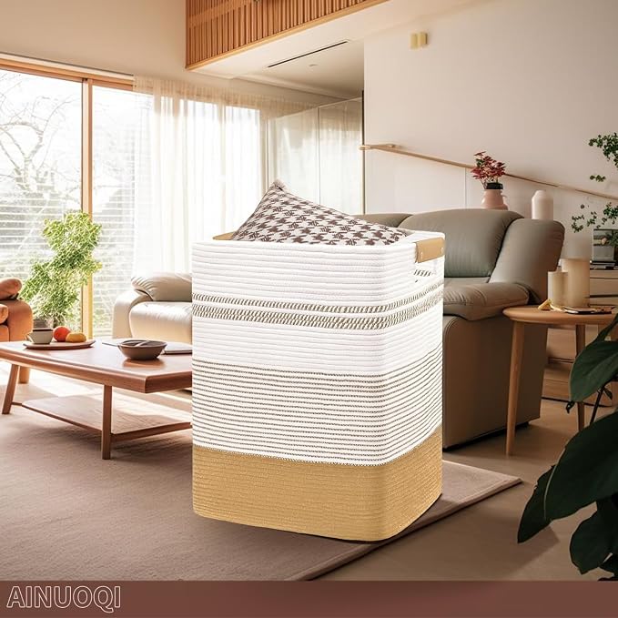Large Laundry Hamper Basket, 85L Cotton Rope Woven Storage Bin for Blankets, Dirty Clothes Toys, Decorative Tall Basket with Leather Handles for Living Room, Bedroom, Bathroom, Nursery, Jute - Image 4