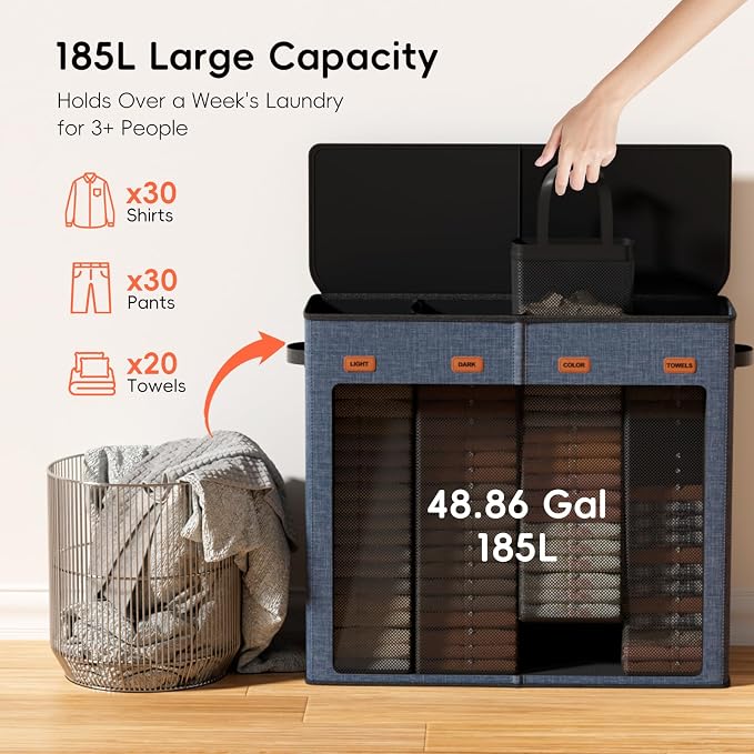 Laundry Hamper 4-Section with Lid, 185L Laundry Sorter with 4 Removable Bags + 1 Extra Large Bag, Switchable 3/4 Compartment, Laundry Basket Organizer for Bedroom, Laundry Room，Navy Bule - Image 3