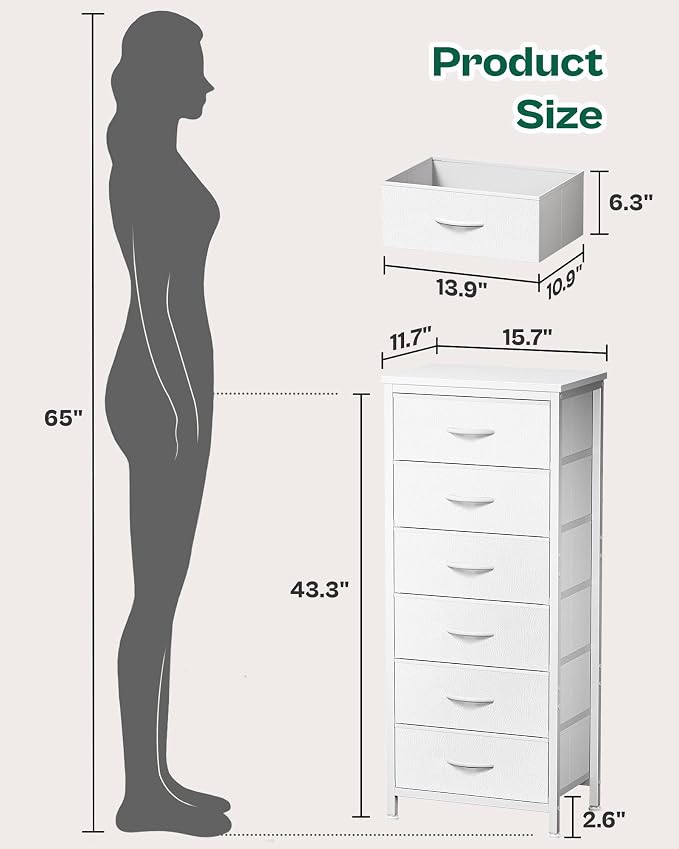 Huuger 43.3 Inch Tall Dresser for Bedroom, 6 Drawer Dresser & Chests of Drawers, Fabric Dresser for Closet, Bedroom, Night Stand, End Table with Metal Frame, Storage Tower with Fabric Bins, White - Image 2