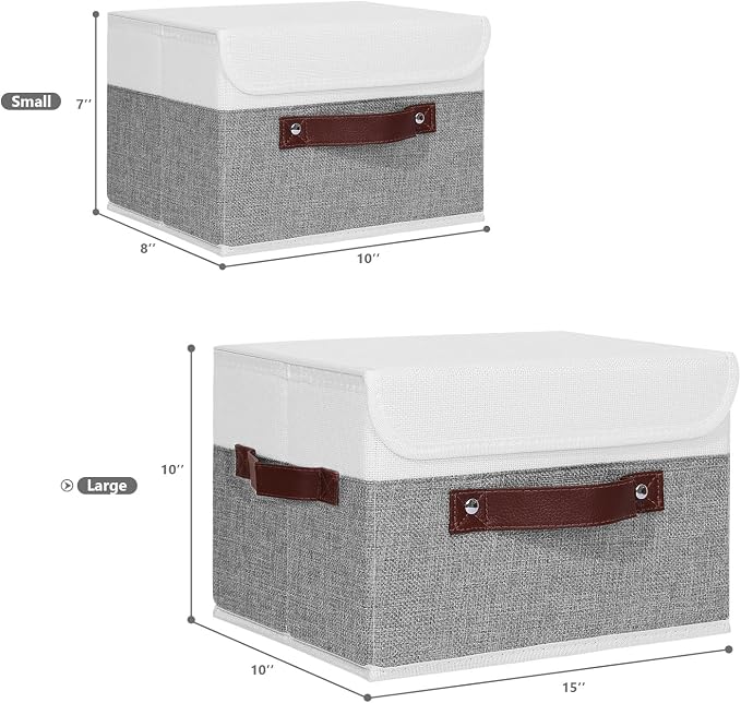 ANMINY Storage Boxes with Lids Washable Decorative Storage Bins Basket with PU Leather Handle Foldable Linen Fabric Storage Cubes Containers for Home Closet Organizer - Gray White, Large Size - Image 5