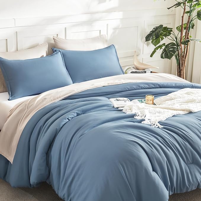 Litanika Grayish Blue Comforter Set California King Size, 3 Pieces Lightweight Solid Bedding Comforter Set, All Season Fluffy Bed Set (104x96In Comforter & 2 Pillowcases)