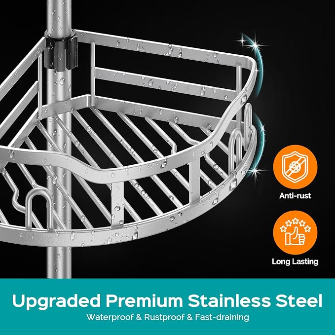HAMITOR Corner Shower Caddy Tension Pole: Rustproof 4-Tier Bathroom Organizer Shelves for Bathtub Shampoo Storage - 47-121 Inch Quick Install Adjustable Rod Standing Rack with Soap Rack - Silver Gray - Image 5