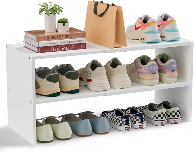 White Shoe Rack Organizer for Closet, 2-Tier Expandable Shoe Shelf, Stackable Iron Wood Combination Small Shoe Racks Shelves for Closets, Entryway,Small Space,Hallway,Bedroom,Bathroom,6-12 Pairs by Cidaziya