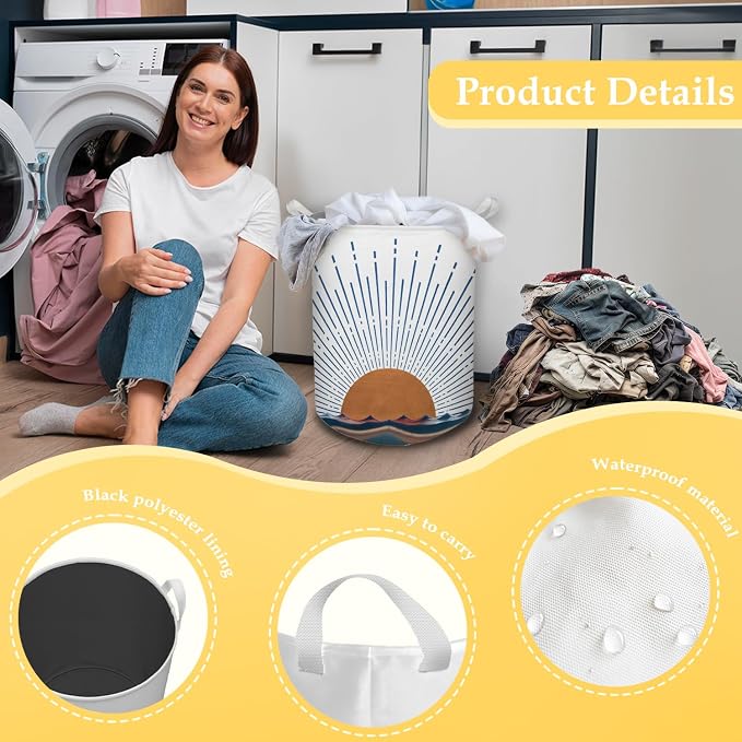 Boho Laundry Basket, Mid Century Modern Boho Terracotta Sun Sea Wave Waterproof Collapsible Laundry Hamper Dirty Clothes Storage Toy Bin Organizer for Bathroom Bedroom Nursery Girls Kids Room - Image 6