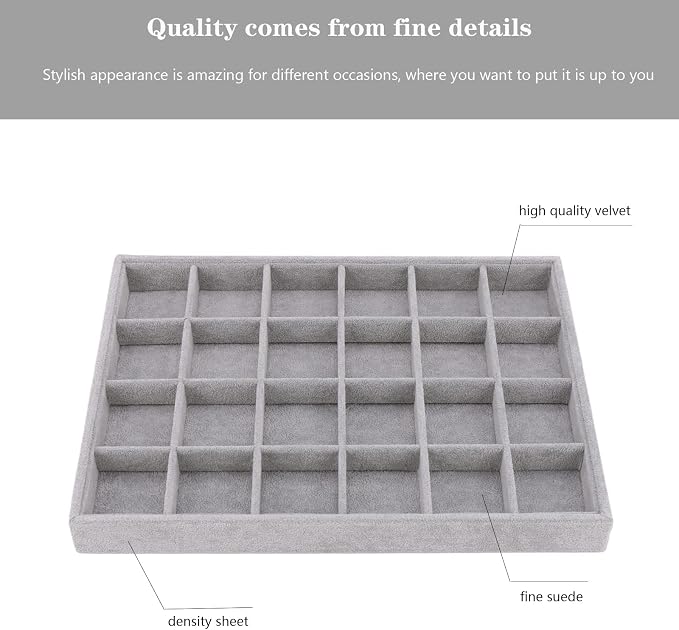 Large Velvet Jewelry Tray, Drawer Organizer for Jewelry in Dresser, Stackable Jewelry Drawer Organizer Inserts for Earring Necklace Bracelet Rings(Grey,24grid) - Image 2