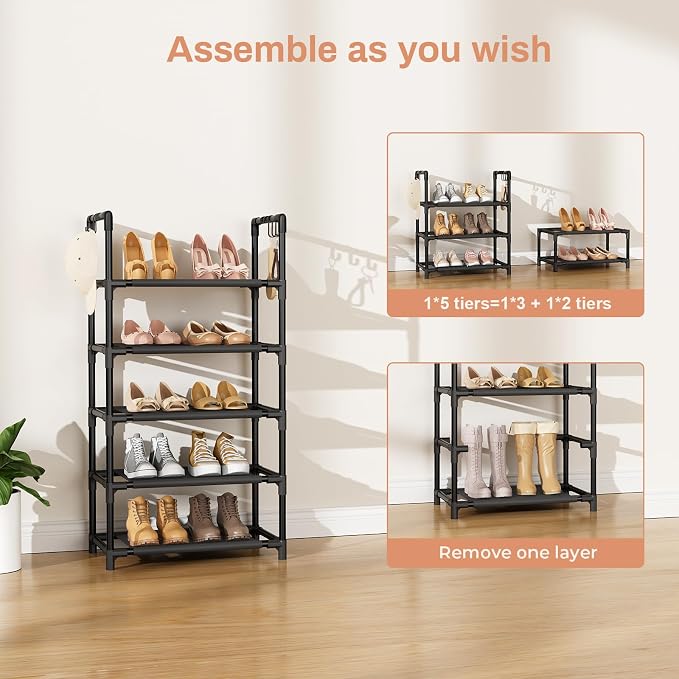 LANTEFUL 5 Tiers Shoe Rack 12-15 Pairs Boots Organizer Storage Sturdy Narrow Shoe Shelf for Entryway, Closets with Hooks, Black - Image 5