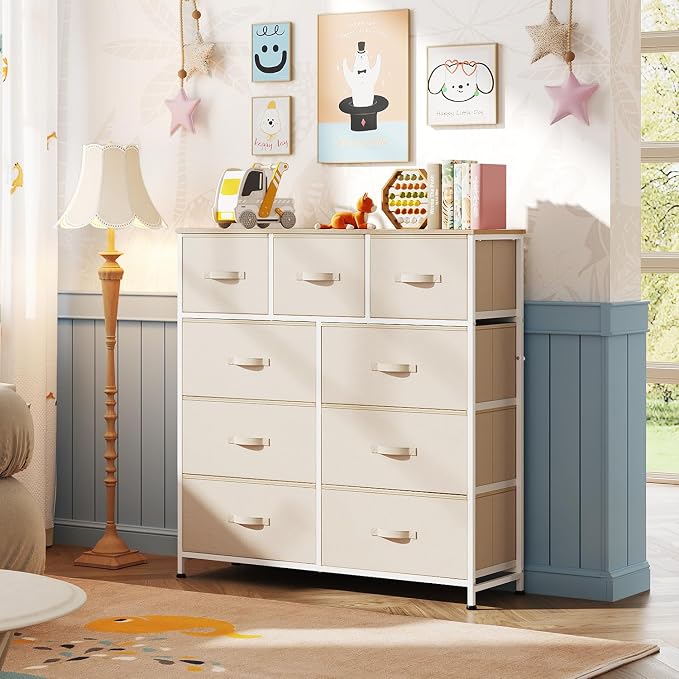 WLIVE 9 Drawer Dresser, Fabric Storage Tower for Bedroom, Hallway, Closet, Tall Chest Organizer Unit for Bedroom with Fabric Bins, Steel Frame, Wood Top, Easy Pull Handle, Cream White - Image 8