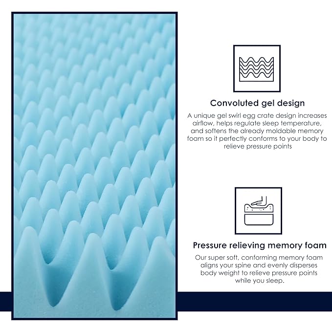 Greaton, 3-Inch Premium Convoluted Gel Memory Foam Toppers for Enhanced Comfort and Support, Queen, Blue