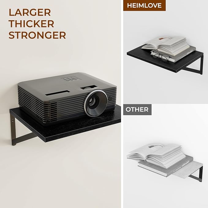 Heimlove Deep Floating Shelves for Wall, 12 Inch Deep Floating Shelves Set of 3, 16W x 12D Wood Wall Shelves, Wide Wood Shelves with Metal Bracket for Living Room, Kitchen, Office, Bedroom - Black - Image 5