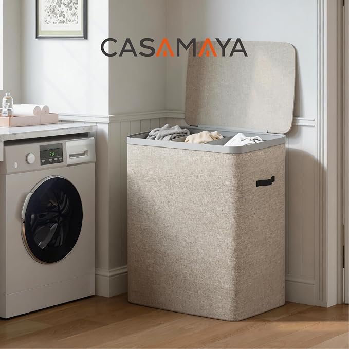 CASAMAYA Laundry Basket with Lid, Laundry Hamper 3 Section, 190L collapsible Laundry Organizer, Easy Assembly, with Handles and Removable Liners, 25.2 x 15.7 x 29.5 Inches, Beige JSP904M - Image 2