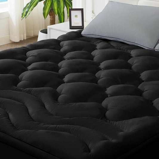 BDEUS TwinXL Mattress Pad, Extra Thick 1450GSM Mattress Topper, Four Leaf Clover Soft Mattress Protector Cover with 21" Deep Pocket for Back Pain Relief, 3D+7D Down Alternative Fill Overfilled, Black