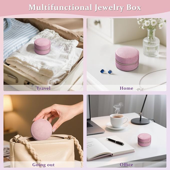 CONBOLA Travel Jewelry Case Small Jewelry Box for Women Girls,Round Velvet Mini Jewelry Travel Organizer,Portable Jewelry Box for Rings Earrings Necklaces Bracelets.(Pink,Small) - Image 9