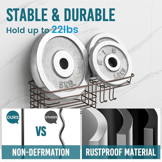 TAILI Shower Caddy Suction Cup with Hooks & Soap Holder, Heavy Duty Bathroom Shower Organizer, No Drilling Shelves for Inside Bathroom, Brown Metal Storage Holder - Image 4