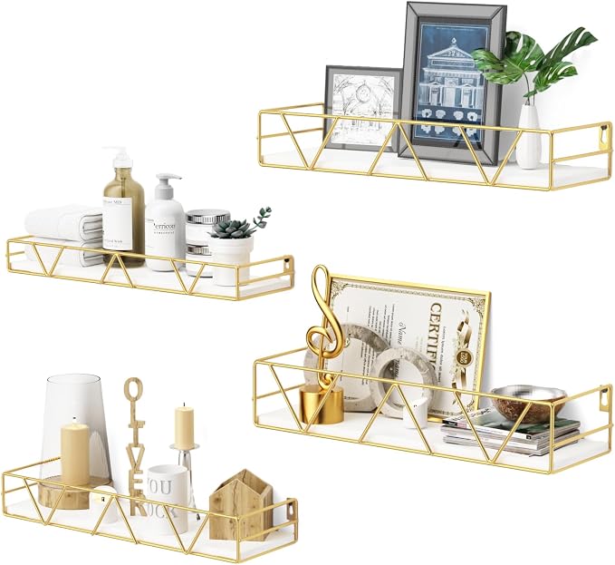Amaoot Floating Shelves Set of 3, Home Wood Wall Shelf, Farmhouse Shelf for Bedroom, Wall Mounted Floating Shelf for Living Room, Bedroom, Bathroom, Kitchen, Office (Gold-4pcs) by Amoot