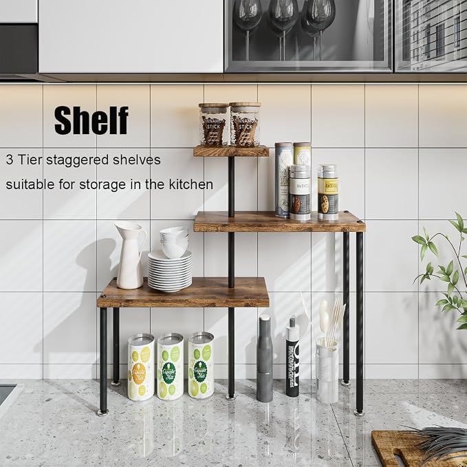 Countertop Organizer Organization 3 Tier Kitchen Corner Shelves Adjustable Spice Storage Rack for Bathroom Coffee Area Over Sink (Black) - Image 3