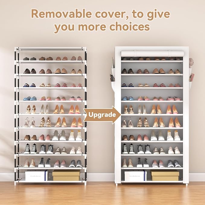 ROJASOP Shoe Rack with Covers 10 Tier Large Shoe Organizer Tall Shoe Closet Storage for 50-55 Pairs Shoe and Boot, Free Standing Shoe Rack Organizer for Closet, Entryway, Bedroom, White - Image 5