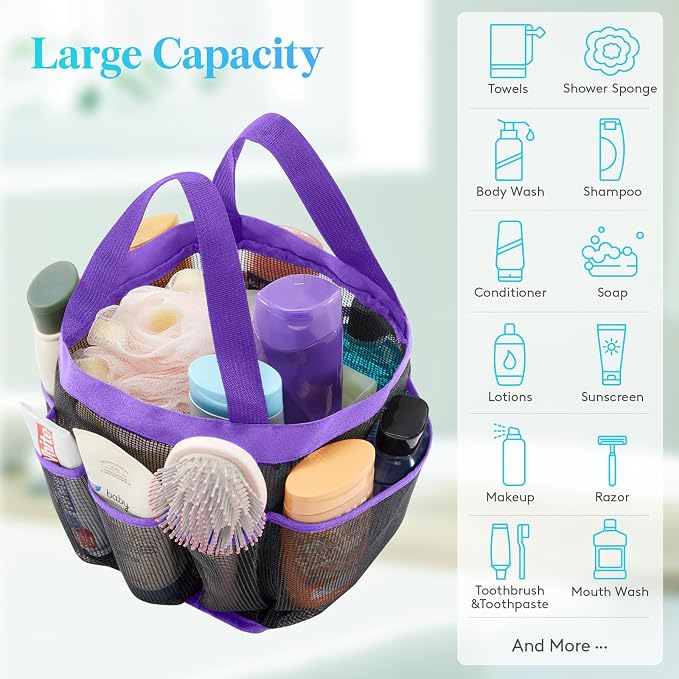 Lifewit Mesh Shower Caddy Portable for College Dorm Room Essentials with 7 Pockets, Freestanding Hanging Organizer Basket, Quick Dry Tote Bag for Camping, Bathroom, Beach, Travel, 1 Pack, Purple - Image 4