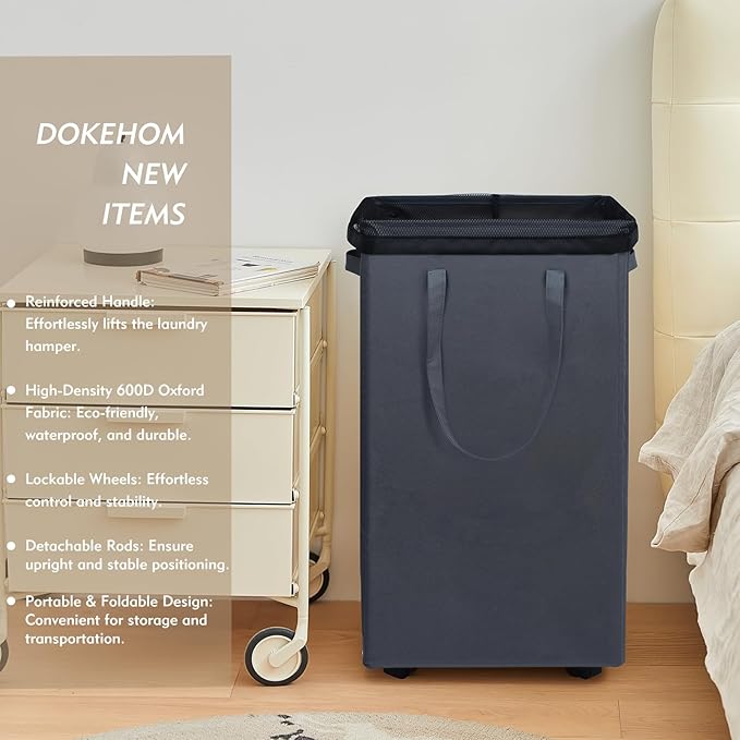 DOKEHOM 90L X-Large Laundry Basket with Removable Wash Bag on Wheels, Collapsible Rolling Laundry Hamper, Foldable Clothes Organizer, Folding Washing Bin (Grey) - Image 2