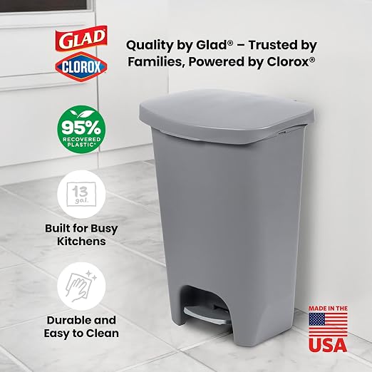 Glad Kitchen Trash Can | Large Plastic Waste Bin with Odor Protection of Lid | Hands Free with Step On Foot Pedal and Garbage Bag Rings, 13 Gallon, Grey - Image 6