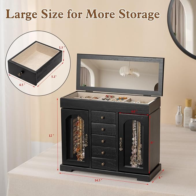 Miratino Jewelry Box for Women Girls, Wooden Jewelry Organizer Box with Mirror, 5 Layer Jewelry Storage Case Display for Necklaces Earrings Rings Bracelets Valentine's Day Gifts - Image 6