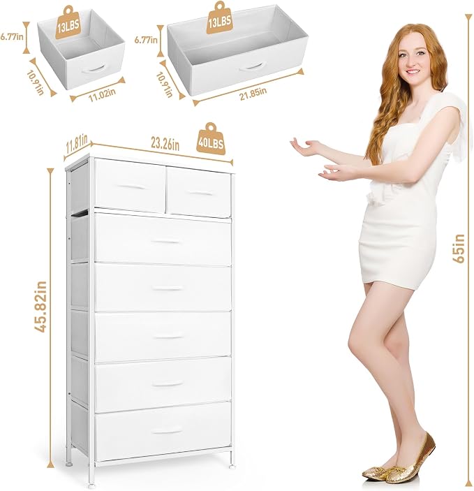 Mifuro Tall Dresser for Bedroom, Vertical Storage Organizer Tower with 7 Drawers, Chest of Drawers with Fabric Bins, Steel Frame, Wood Top for Bedroom, Closet, Entryway- White - Image 3
