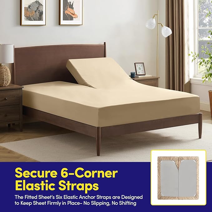 Split Head King Sheets Set for Adjustable Beds 4 Piece Flex Top Bed Sheets – Deep Pocket Split Top Fitted Sheet with Built-in Corner Straps, Luxury Soft Cooling Bedding, Wrinkle Resistant, Beige