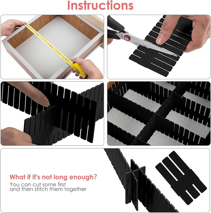 45 Pack Drawer Dividers, Plastic Adjustable Drawer Storage Organizer for Tidying Clutter Socks, Underwear, Makeup, Kitchen, Dresser Black - Image 3