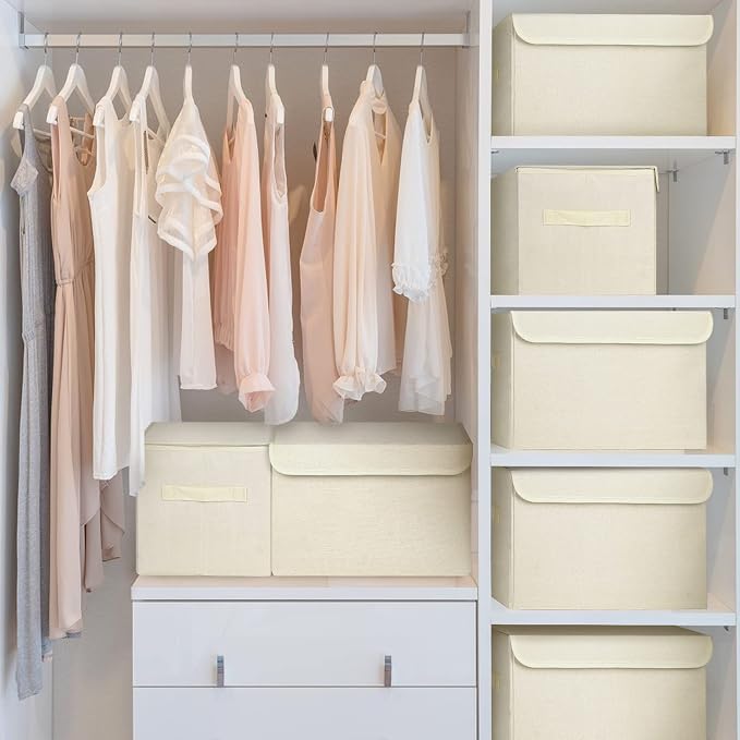 Bagnizer Large 22 Quart [4-Pack] Linen Fabric Foldable Storage Bin Cube Organizer Basket with Flip-Top Lid & Handles, Clothes Blanket Box for Home, Office, Closet (14.6 x 9.5 x 9.5, Beige) - Image 3