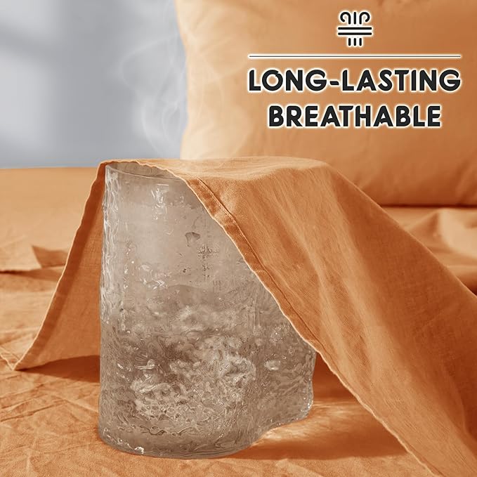 SONORO KATE 100% French Pure Linen Sheets, Breathable and Durable Linen King Size Sheets, Anti-Tear Linen Bed Sheets, Machine Washable, 16 Inch Deep Pocket - 4 Piece (Orange, King)