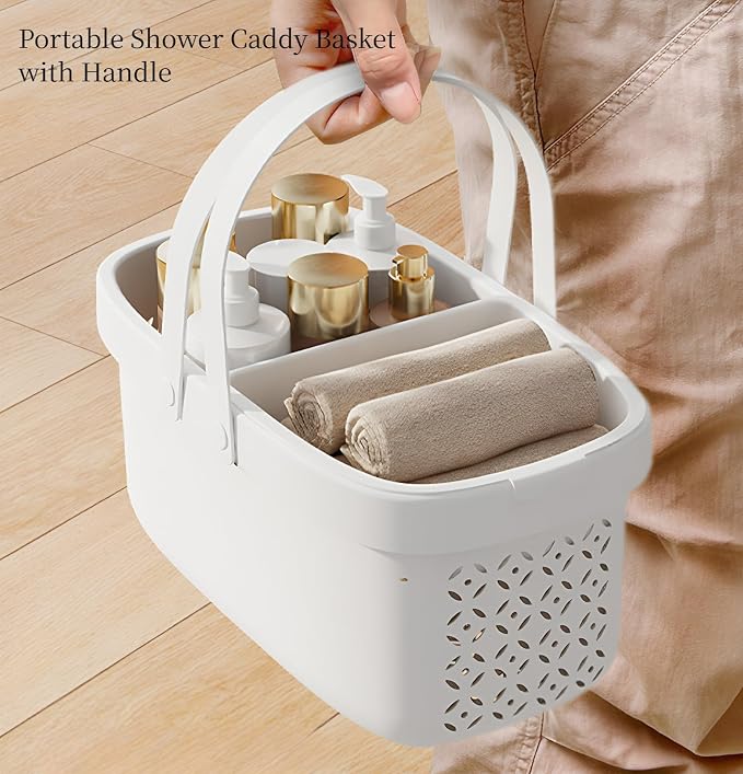 Pulseplay Plastic Shower Caddy Basket with Handle Portable Organizer Storage Basket with Drainage Holes for Bathroom College Dorm Bedroom Kitchen Gym (White) - Image 3