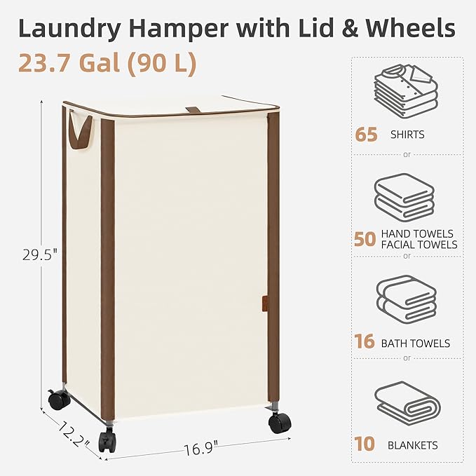 STORAGE MANIAC Rolling Laundry Hamper with Lid, 23.7 Gal (90 L) Large Tall Laundry Basket with Wheels & Handles, Aesthetic Dirty Clothes Hamper for Small Space, Dorm, Apartment, College, Beige - Image 5