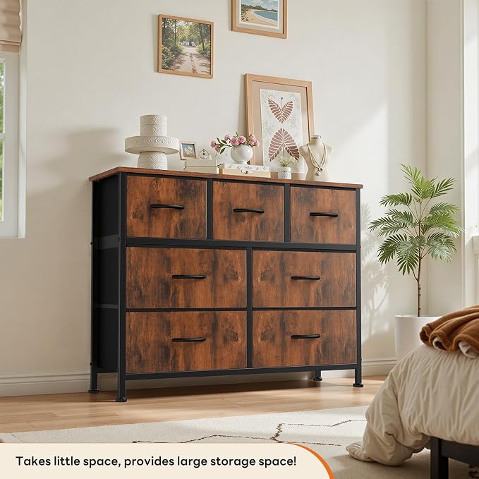 Sweetcrispy 7 Drawer Dresser with Fabric Bins Fabric Storage Tower Organizer for Bedroom Closet Hallway Entryway Tall Chest of Drawers with Steel Frame Wood Top Easy Pull Handles,Rustic Brown - Image 4