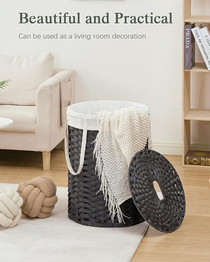 SETVSON Laundry Hamper with Lid Laundry Basket with Lid 19.0 Gal (72 L) Round Wicker Laundry Basket Handwoven Rattan Basket with Lid Removable Bag 2 Mesh Bags Handles for Living Room Bathroom Black - Image 7