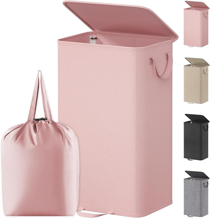 Lifewit Single Laundry Hamper with Lid and Removable Laundry Bags, Large Collapsible 1 Dividers Dirty Clothes Basket with Handles for Bedroom Laundry Room Closet Bathroom College, 100L Pink by Lifewit