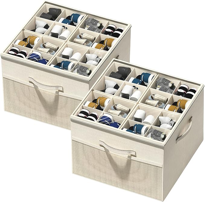 Aokeyee Shoe Organizer for Closet,2 Pack Foldable Shoe Storage Organizer Box Bin with Adjustable Dividers and Clear Cover, Fits up to 16-32 Pairs by Aokeyee