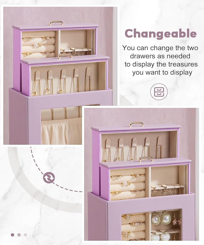 Homde Jewelry Organizer Girls Women Jewelry Box for Necklaces Rings Earrings Gift Bracelets Storage Case (Grey Purple + Gold) - Image 2