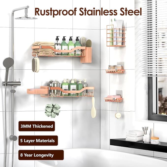 NESOMI Shower Caddy Adhesive Shower Organizer 7-Pack, Rustproof Stainless Steel Bathroom Shelves, Large Capacity No-Drill Rack Storage Accessories with Soap Dish Toothbrush Holder Hooks - Image 5