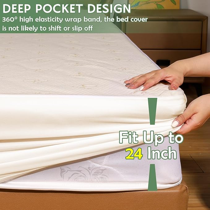 King Size Mattress Protector Waterproof, Breathable Cotton Terry Bed Pad Cover, Deep Pocket Fitted Sheet for 8-24 Inch Mattress