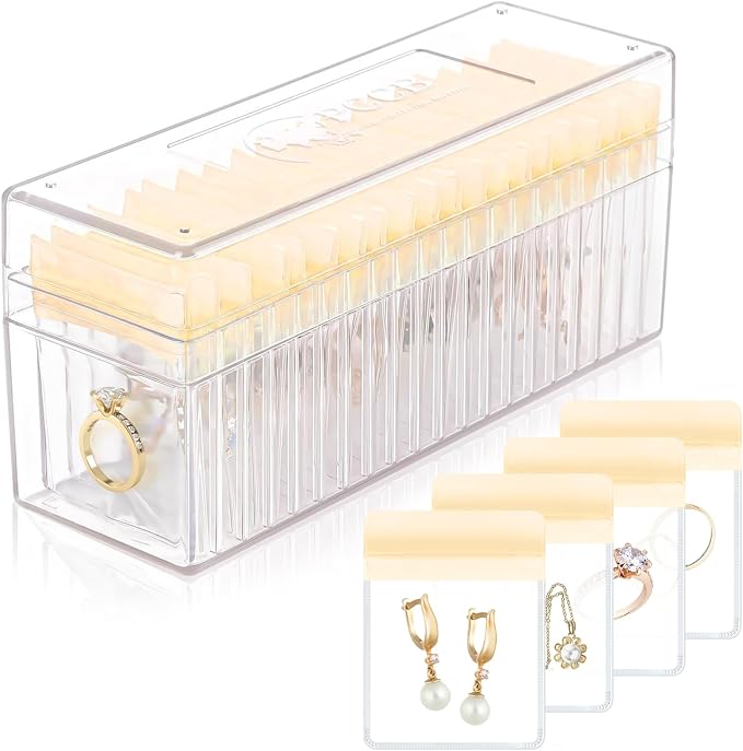 HOMEHIVE Acrylic Jewelry Box Organizer, Clear Jewelry Organizer Holder with 20 Portable Anti Tarnish Jewelry bags, Travel Jewelry Case for Earrings/Rings/Necklaces for Women Girls, Yellow by HOMEHIVE